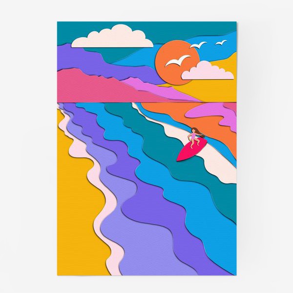 Постер «Лето, сёрфинг, море, закат, девушка»