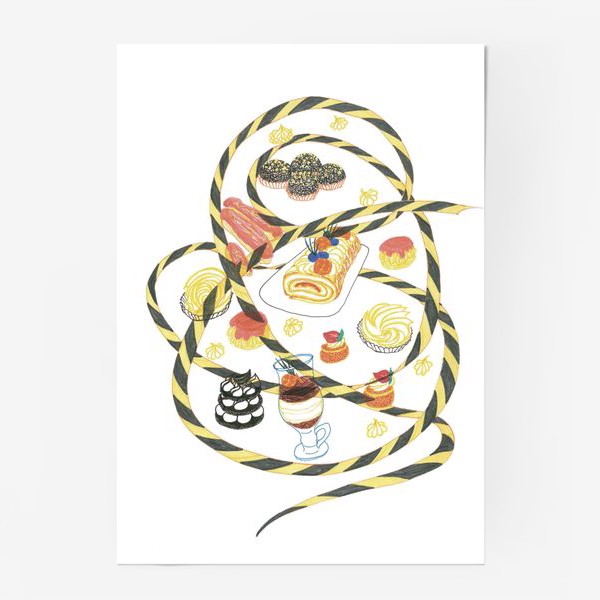 Постер «Appetizing delicate colorful desserts isolated by obstruction tape - Аппетитные нежные десерты, изолированные лентой»