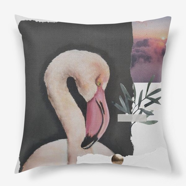 Подушка «Коллаж с розовым фламинго сухой пастелью и фотографией заката с облаками»