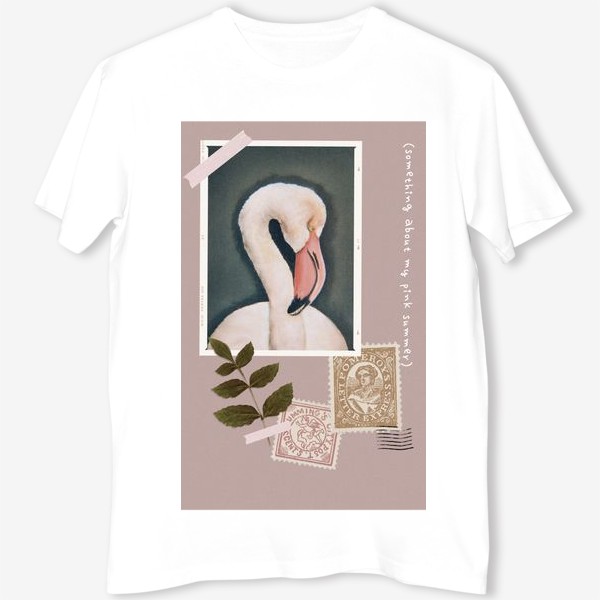 Футболка &laquo;Розовый фламинго сухой пастелью и почтовые марки - коллаж&raquo;
