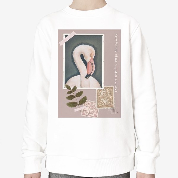 Свитшот «Розовый фламинго сухой пастелью и почтовые марки - коллаж»