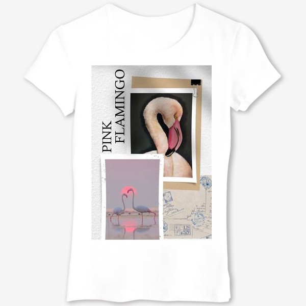 Футболка &laquo;Розовые фламинго - летний коллаж с фото и рисунком&raquo;