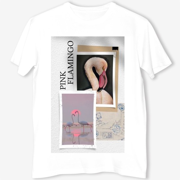 Футболка &laquo;Розовые фламинго - летний коллаж с фото и рисунком&raquo;
