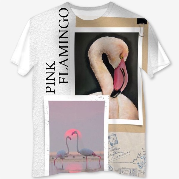 Футболка с полной запечаткой &laquo;Розовые фламинго - летний коллаж с фото и рисунком&raquo;