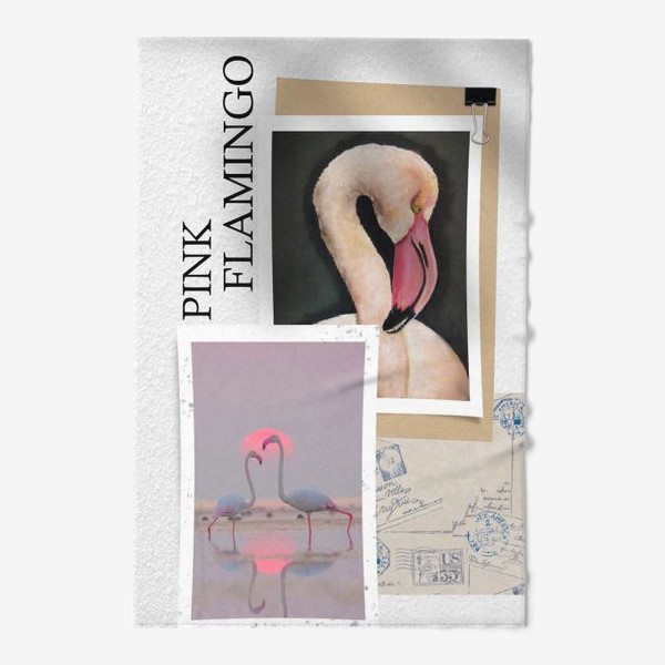 Полотенце &laquo;Розовые фламинго - летний коллаж с фото и рисунком&raquo;