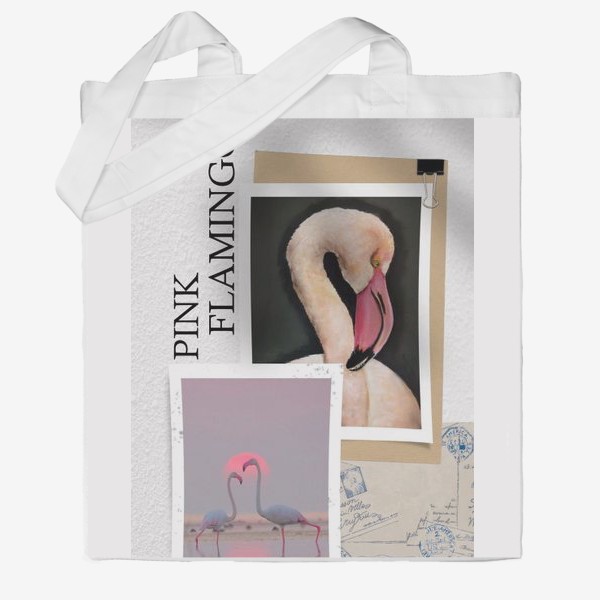 Сумка хб &laquo;Розовые фламинго - летний коллаж с фото и рисунком&raquo;