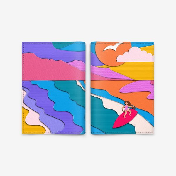 Обложка для паспорта «Лето, сёрфинг, море, закат, девушка»