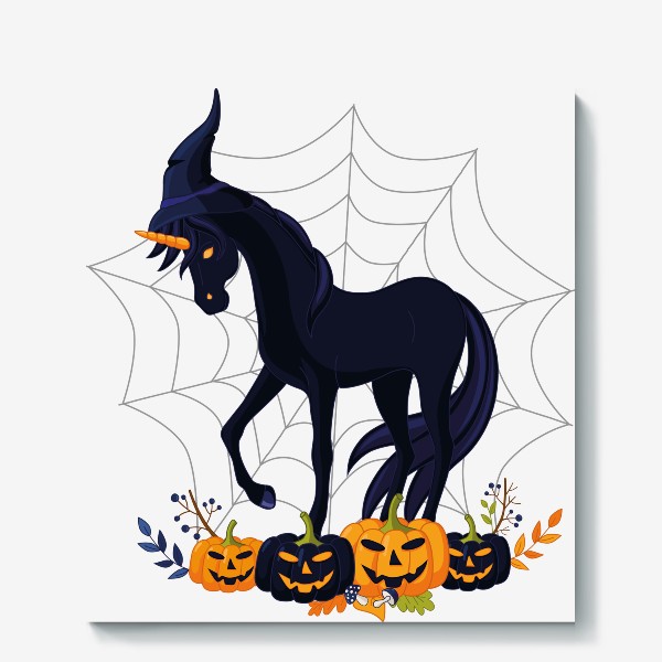Холст «Черный единорог с тыквами и паутиной. Для Хеллоуина.»