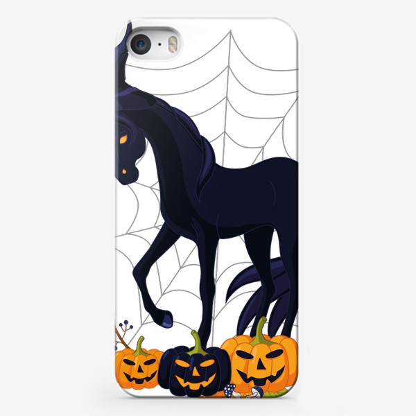 Чехол iPhone «Черный единорог с тыквами и паутиной. Для Хеллоуина.»
