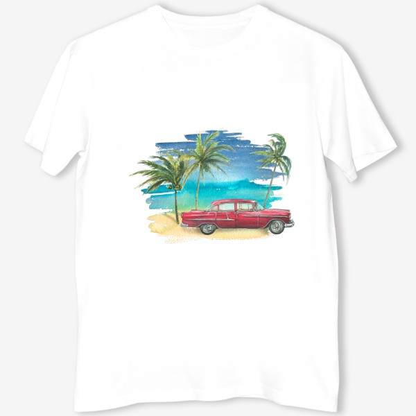 Футболка «Ретро машина на фоне моря с пальмами. Кубинский. Куба. Акварель.»