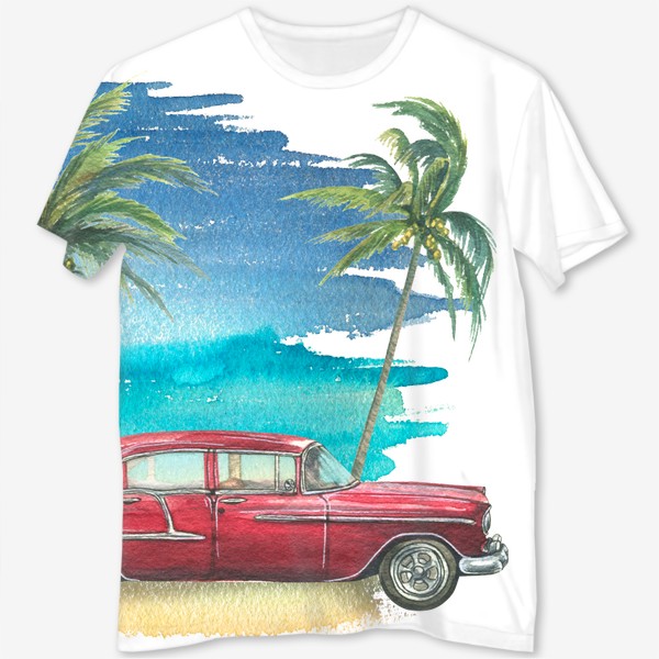 Футболка с полной запечаткой «Ретро машина на фоне моря с пальмами. Кубинский. Куба. Акварель.»