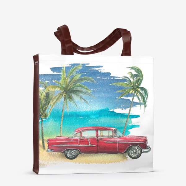 Сумка-шоппер «Ретро машина на фоне моря с пальмами. Кубинский. Куба. Акварель.»