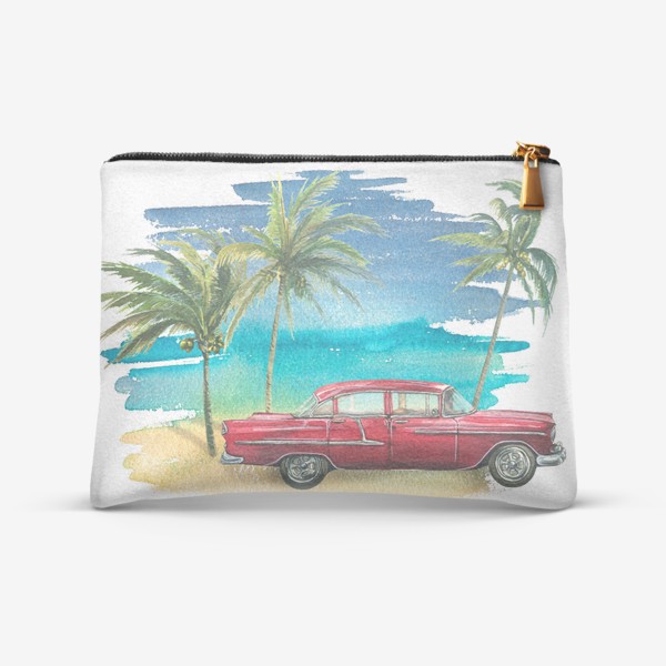 Косметичка &laquo;Ретро машина на фоне моря с пальмами. Кубинский. Куба. Акварель.&raquo;
