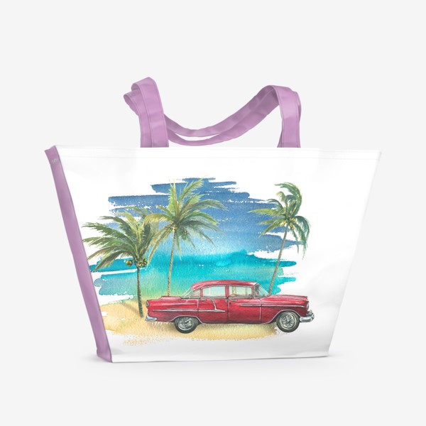 Пляжная сумка &laquo;Ретро машина на фоне моря с пальмами. Кубинский. Куба. Акварель.&raquo;
