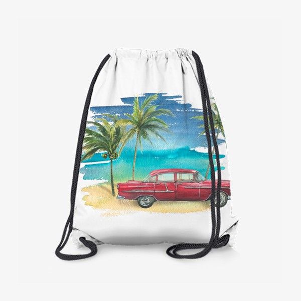 Рюкзак «Ретро машина на фоне моря с пальмами. Кубинский. Куба. Акварель.»
