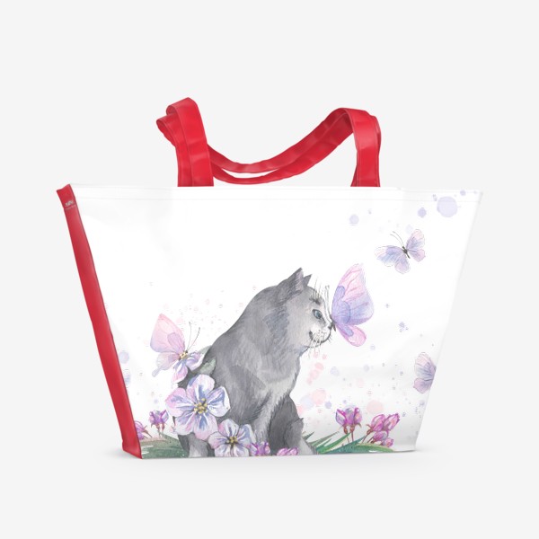 Пляжная сумка «Серый котик на полянке с бабочками. Акварель.»