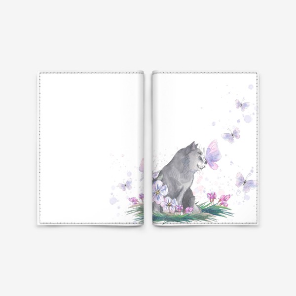 Обложка для паспорта «Серый котик на полянке с бабочками. Акварель.»