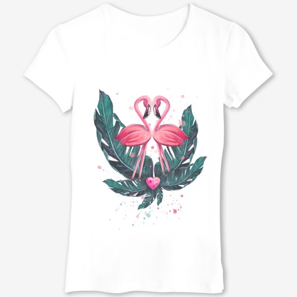 Футболка «Розовый фламинго пара с сердцем и тропическими листьями. Акварель.»
