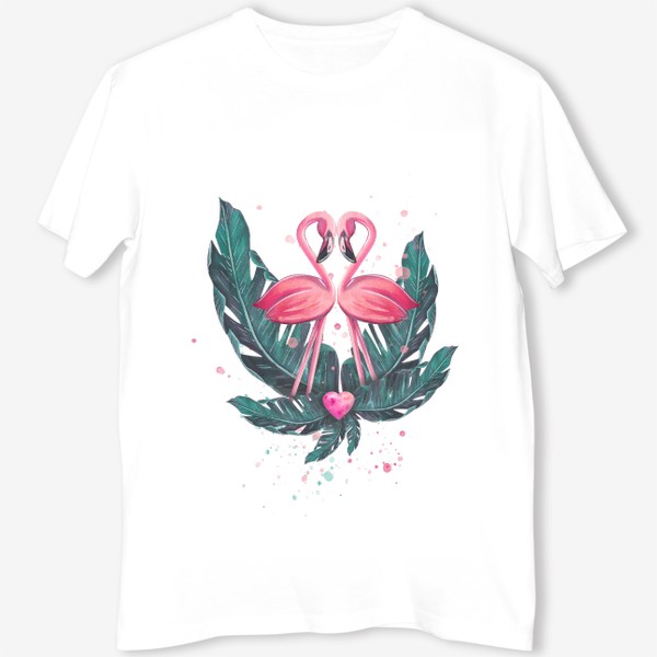 Футболка &laquo;Розовый фламинго пара с сердцем и тропическими листьями. Акварель.&raquo;