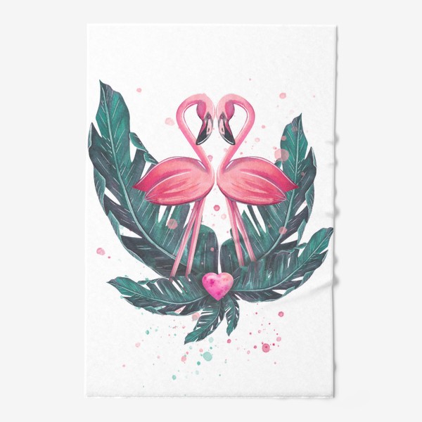 Полотенце &laquo;Розовый фламинго пара с сердцем и тропическими листьями. Акварель.&raquo;