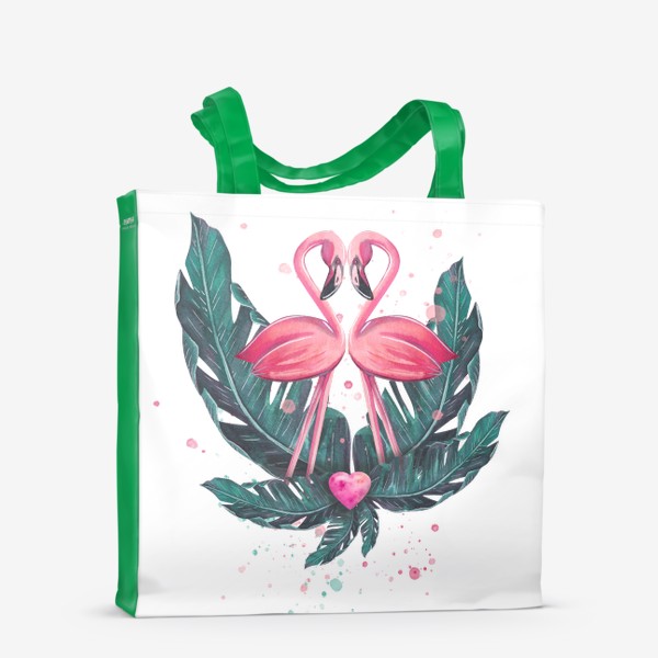 Сумка-шоппер «Розовый фламинго пара с сердцем и тропическими листьями. Акварель.»
