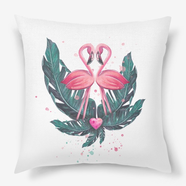 Подушка «Розовый фламинго пара с сердцем и тропическими листьями. Акварель.»