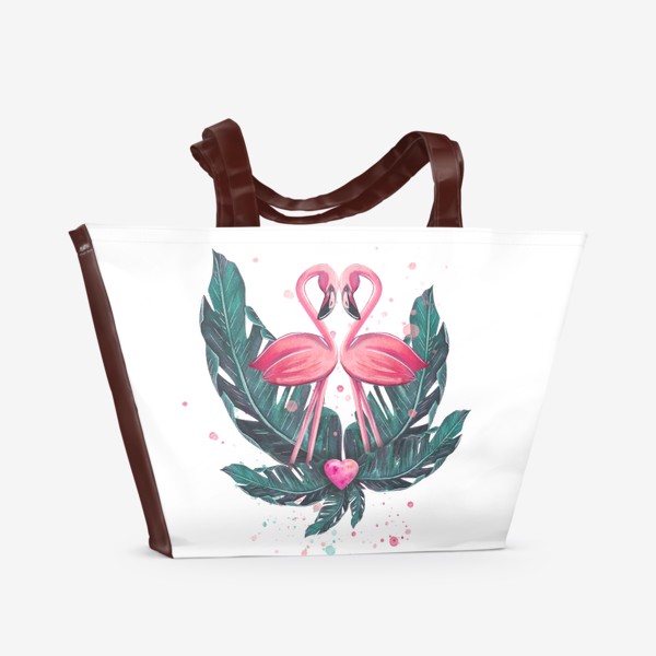 Пляжная сумка &laquo;Розовый фламинго пара с сердцем и тропическими листьями. Акварель.&raquo;