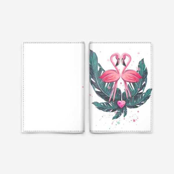 Обложка для паспорта &laquo;Розовый фламинго пара с сердцем и тропическими листьями. Акварель.&raquo;