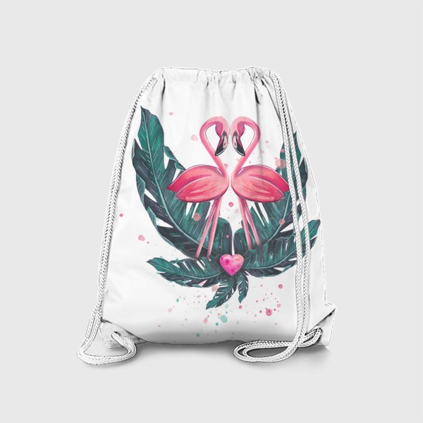 Рюкзак «Розовый фламинго пара с сердцем и тропическими листьями. Акварель.»