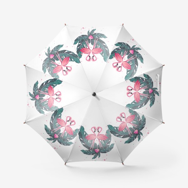 Зонт «Розовый фламинго пара с сердцем и тропическими листьями. Акварель.»