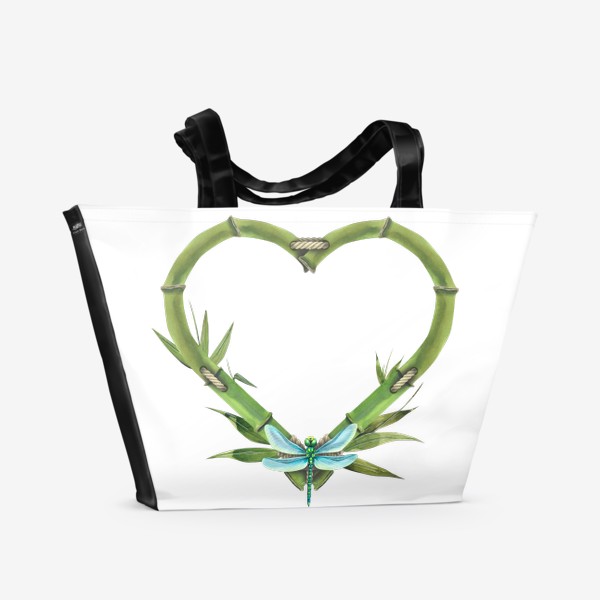 Пляжная сумка &laquo;Бамбуковое сердце со стрекозой. Восточный принт. Акварель.&raquo;