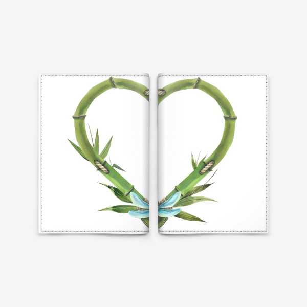 Обложка для паспорта «Бамбуковое сердце со стрекозой. Восточный принт. Акварель.»