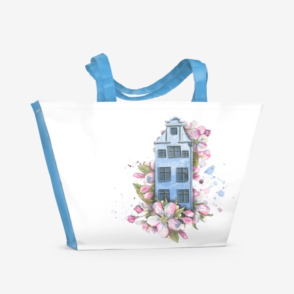 Пляжная сумка «Милый европейский домик с цветами яблони. Акварель.»