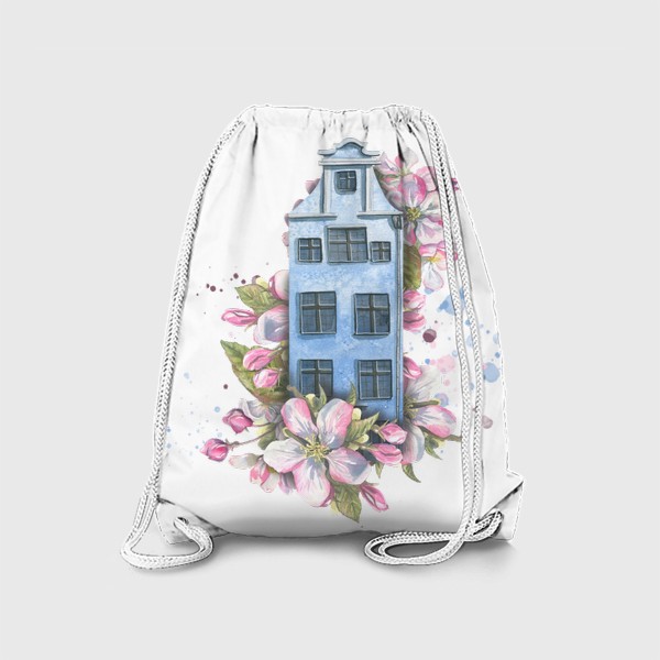Рюкзак «Милый европейский домик с цветами яблони. Акварель.»