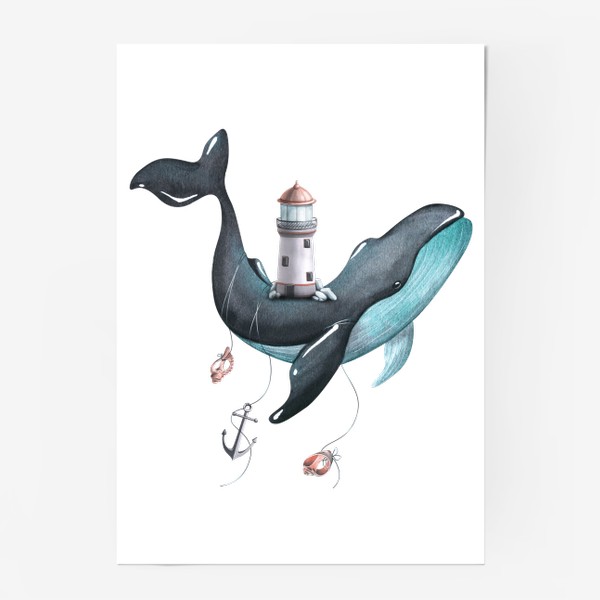 Постер «Кит с маяком на спине, ракушками и якорем. Акварель.»