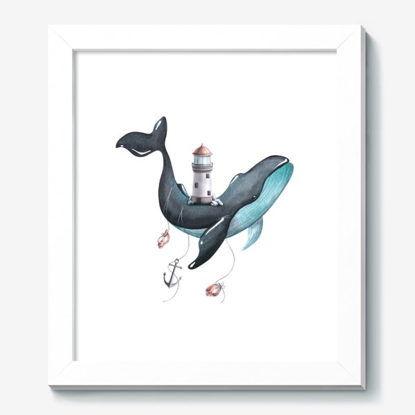 Картина «Кит с маяком на спине, ракушками и якорем. Акварель.»