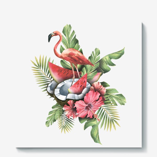 Холст &laquo;Розовый фламинго с тропическими листьями и цветами гибискуса, кокосом и арбузом. Акварель.&raquo;