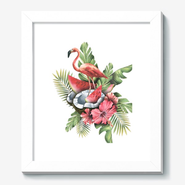 Картина «Розовый фламинго с тропическими листьями и цветами гибискуса, кокосом и арбузом. Акварель.»