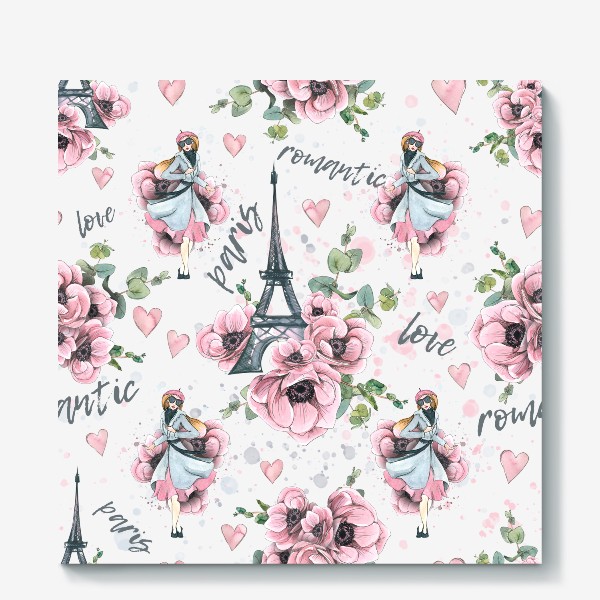 Холст &laquo;Эйфелева башня, Париж, цветы анемоны, сердечки. Акварельный паттерн.&raquo;