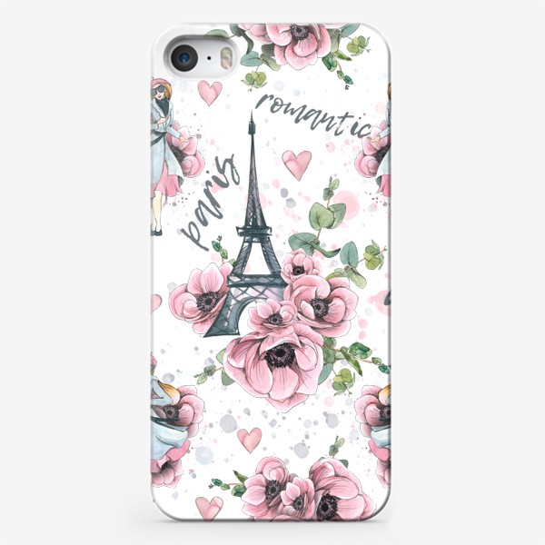 Чехол iPhone «Эйфелева башня, Париж, цветы анемоны, сердечки. Акварельный паттерн.»