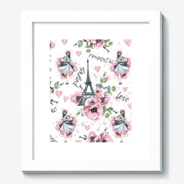 Картина «Эйфелева башня, Париж, цветы анемоны, сердечки. Акварельный паттерн.»