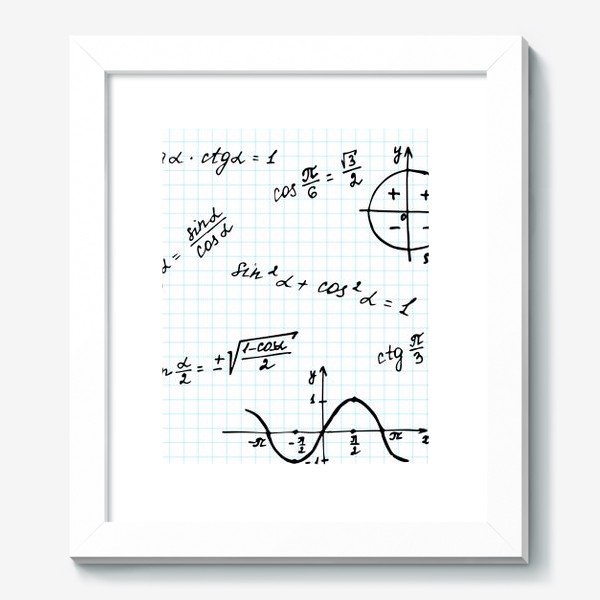 Картина «фон из школьной тетради в клеточку с формулами и графиками по математике, тригонометрии»