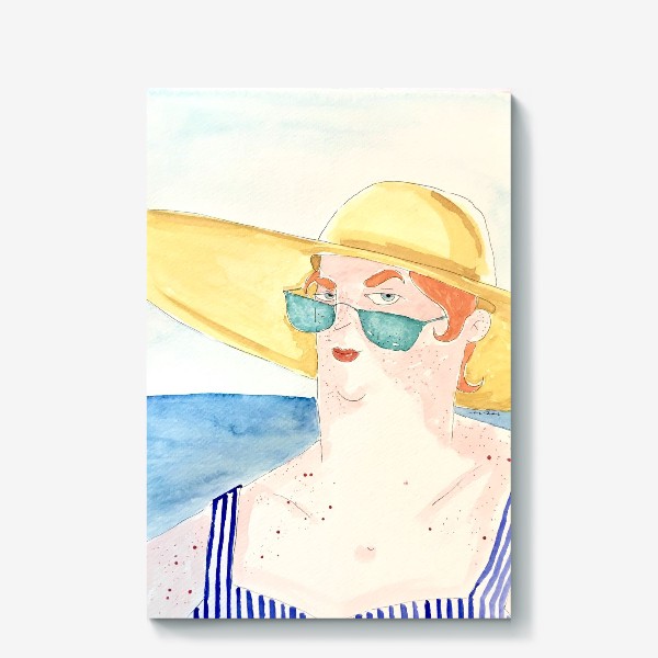 Холст «В отпуске на море в шляпе дама акварель »