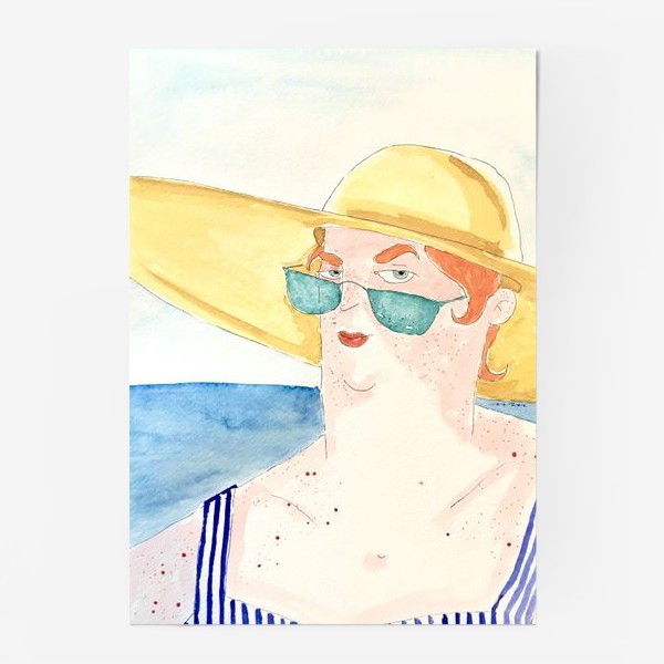Постер «В отпуске на море в шляпе дама акварель »