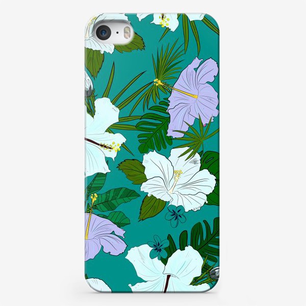 Чехол iPhone «гибискус и пальмы на голубом»