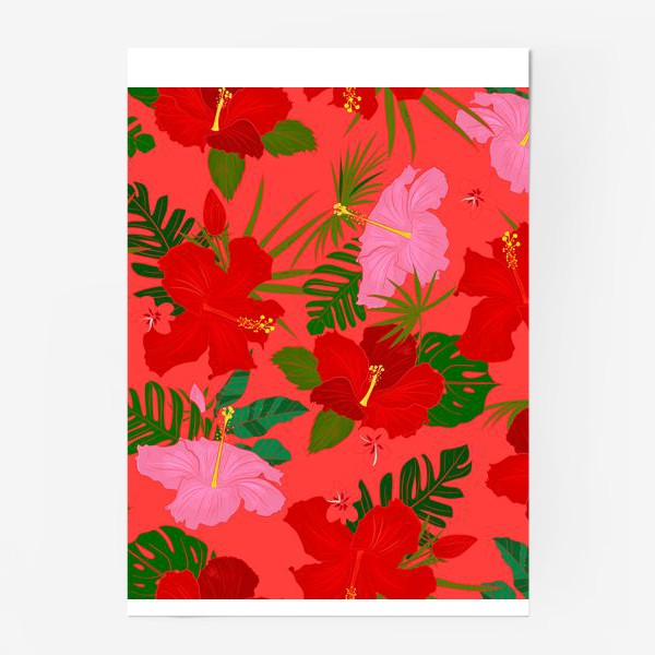 Постер «красные цветы и пальма на красном»
