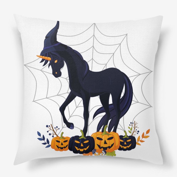 Подушка «Черный единорог с тыквами и паутиной. Для Хеллоуина.»