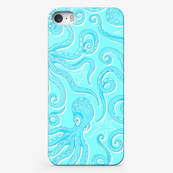 Чехол iPhone «Осьминоги играют с морскими звездами. На голубом»
