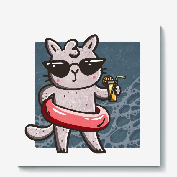 Холст &laquo;Милая кошка с коктейлем на пляже&raquo;