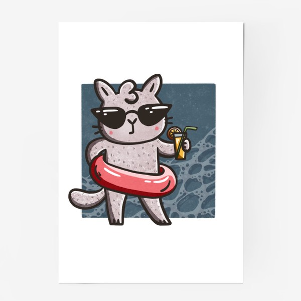 Постер «Милая кошка с коктейлем на пляже»